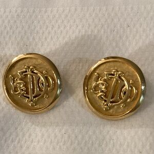 Christian Dior Vintage Monogram Crest Logo Chunky Gold Tone Clip-On Earrings